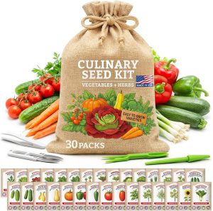 Culinary Vegetable & Herb Seeds Variety Pack - 30 Heirloom Non-GMO Garden Seeds for Planting, Seed Kit with Tools, Made in USA