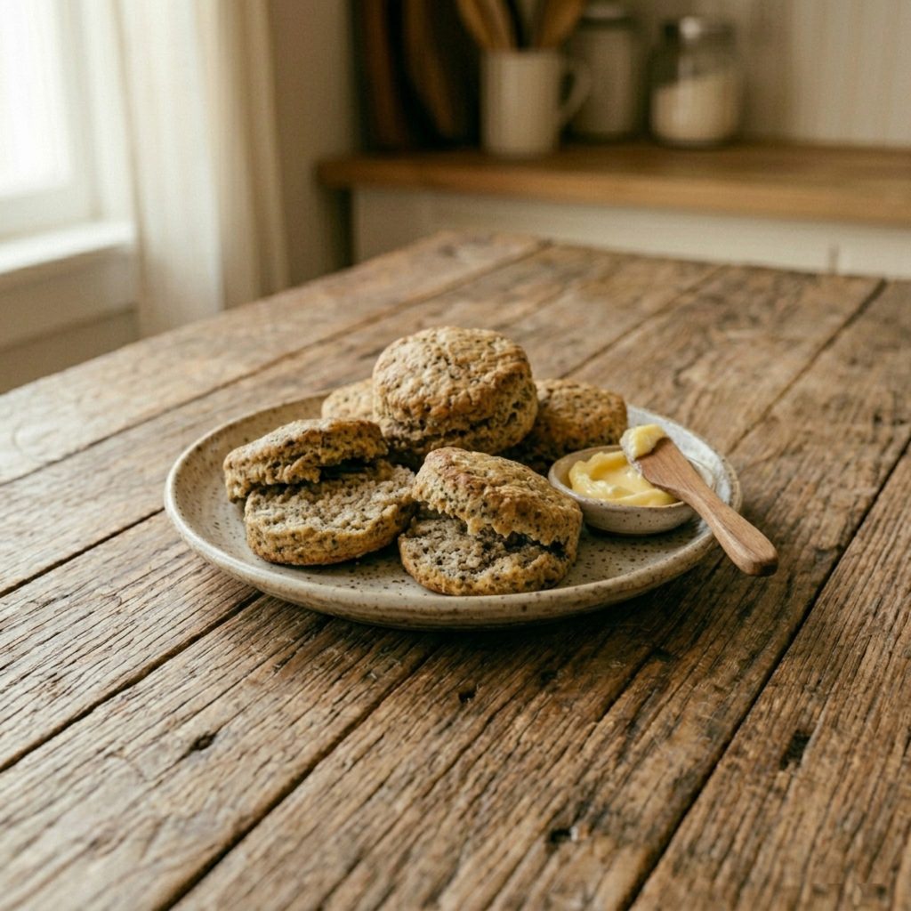 A stack of golden-brown, flaky acorn flour biscuits served on a speckled bluestonewear plate. One biscuit is split open, revealing a soft, textured interior. A small ceramic dish of creamy yellow butter with a wooden spreader sits on the edge of the plate. The scene is set on a weathered, rustic wooden table with soft light coming from the side.