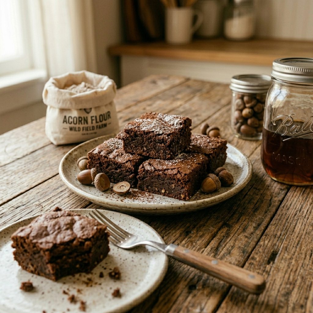 A warm, eye-level shot of dark, fudgy brownies made with acorn flour, arranged on a speckled bluestonewear plate. The brownies are dusted with a light touch of powdered sugar and cocoa. In the foreground, a single brownie sits on a smaller plate with a wooden-handled fork. The background features a rustic wooden table with a cloth bag labeled "Acorn Flour," a glass jar of whole acorns, and a mason jar of maple syrup, all bathed in soft, natural window light.