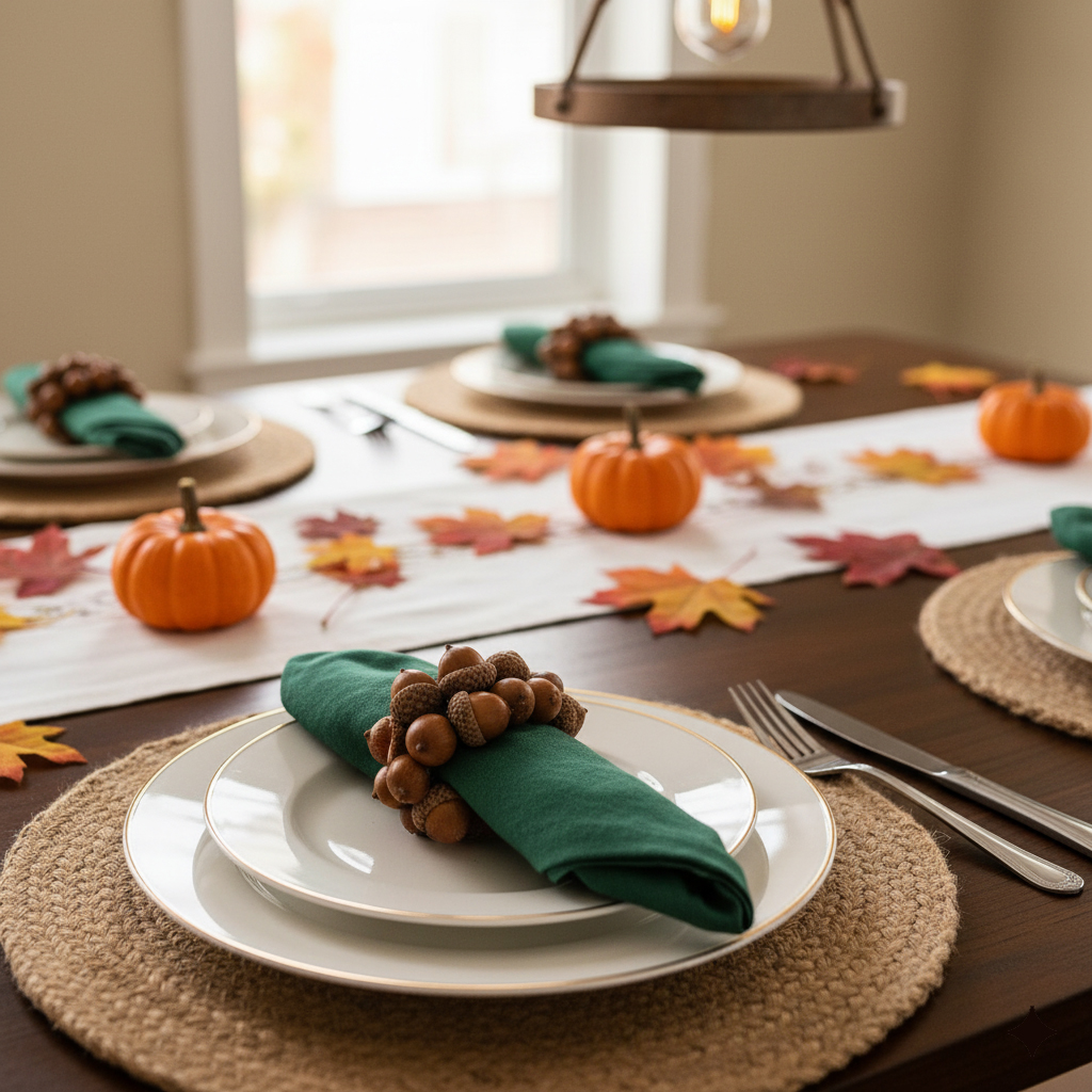 A close-up shot of two handmade napkin rings, each made from a circular chain of smooth, brown acorns. The acorns are tightly strung together with a thin wire, creating a rustic and natural look. The rings are placed on a folded, light-colored napkin on a dark, wooden surface.