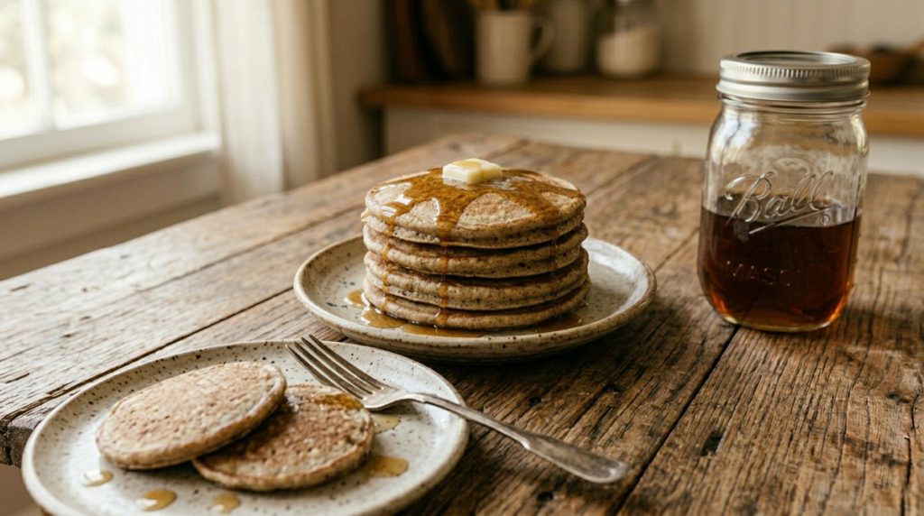 A high-angle, slightly side-lit shot of a rustic wooden table featuring two bluestonewear plates. In the center, a tall stack of golden-brown acorn pancakes is topped with a pat of melting butter and drizzled with syrup. In the foreground, a second plate holds two individual pancakes and a silver fork. To the right, a glass mason jar is filled with dark maple syrup.