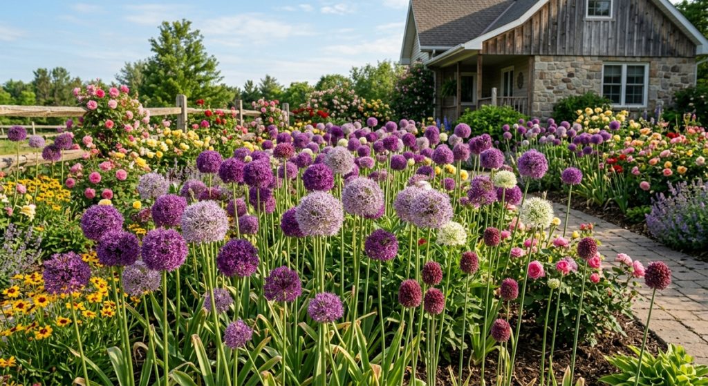 A lush garden scene filled with large, globe-shaped purple and lavender allium blooms standing tall on slender green stems. The flowers are the focal point, arranged in dense clusters along a stone-paved garden path. In the background, a rustic stone and wood cottage sits under a soft blue sky, bordered by a wooden fence and a variety of colorful summer flowers like roses and black-eyed Susans.