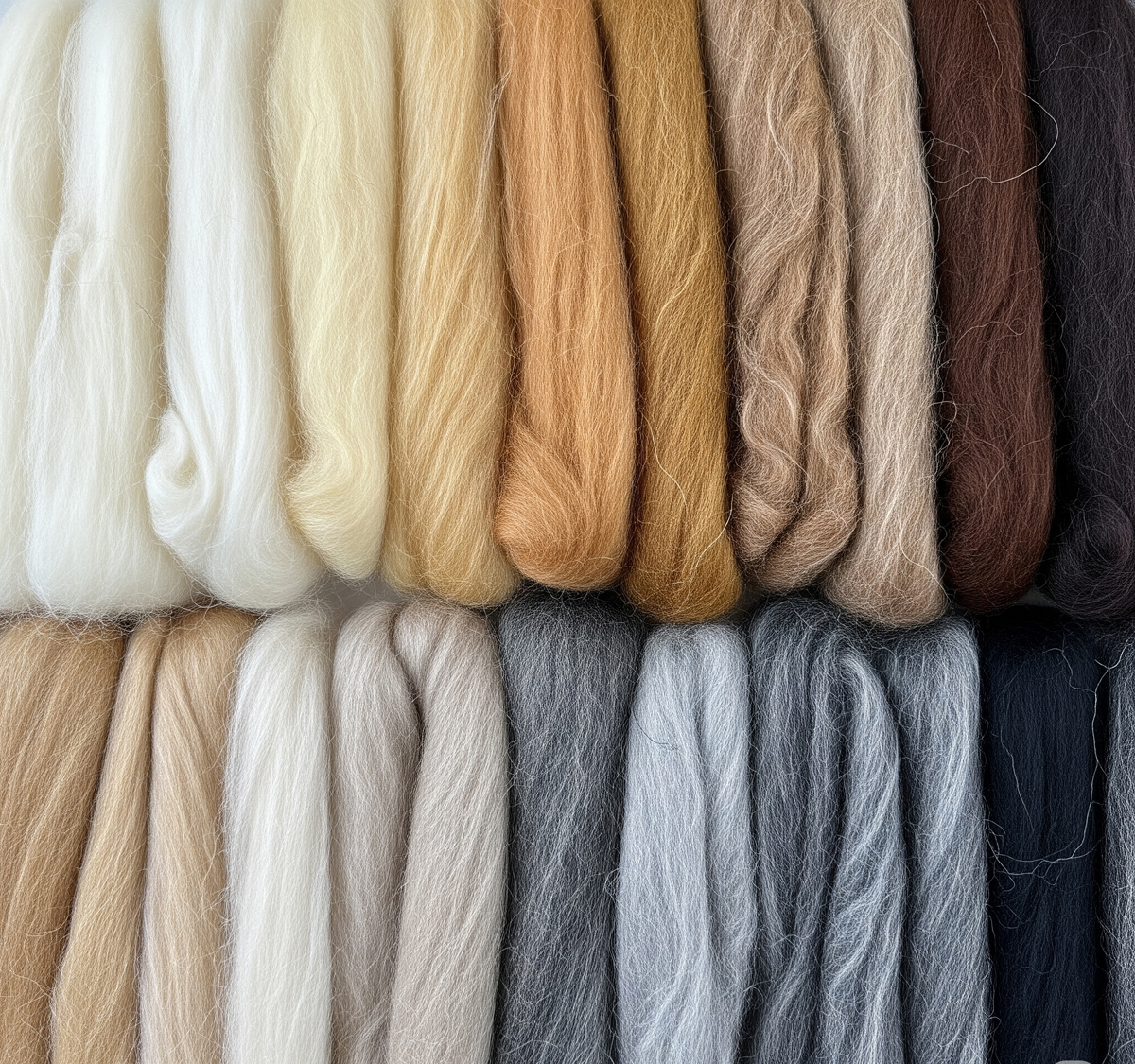 Assortment of undyed alpaca fiber in a rainbow of natural colors.