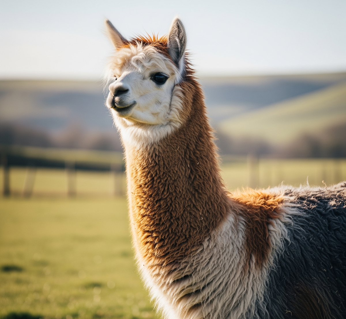 Close-up of an alpaca with multi-colored natural wool in a sunny field.