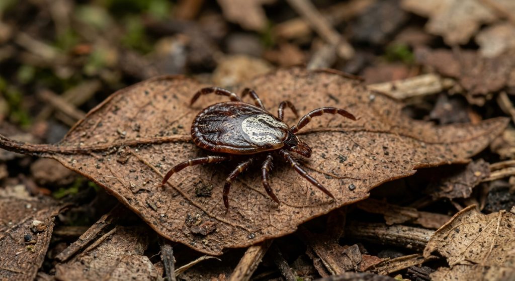 A close-up photograph of an unengorged American dog tick. The tick has a hard, dark-brown, ornate scutum with a complex network of silvery-white markings on its back. It has eight legs and mouthparts visible at the front, and is crawling on a dry, brown leaf in a forest setting. The background is a shallow depth of field, showing blurred soil and leaf litter.