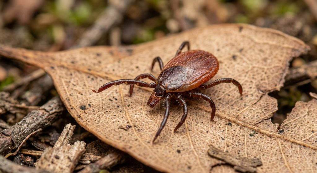 A high-detail, close-up photograph of an adult Australian Paralysis Tick (Ixodes holocyclus) positioned on a dry, tan leaf. The tick's body is a distinctive pear shape with an oval, dark brown scutum (shield) at the front and a larger, yellowish-to-pale-brown abdomen. Its eight dark, jointed legs are spread across the textured surface of the leaf, and its prominent, elongated mouthparts are visible at the very front of the head. The background consists of a blurred forest floor with soil and small woody debris, emphasizing the tick in its natural environment.