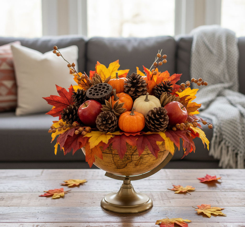 A close-up of a unique fall centerpiece on a wooden table. An old globe has been split into two halves, with each half serving as a decorative bowl. The bowls are filled with a beautiful arrangement of colorful autumn leaves, small orange pumpkins, pine cones, and red apples, creating a striking and resourceful fall decoration.