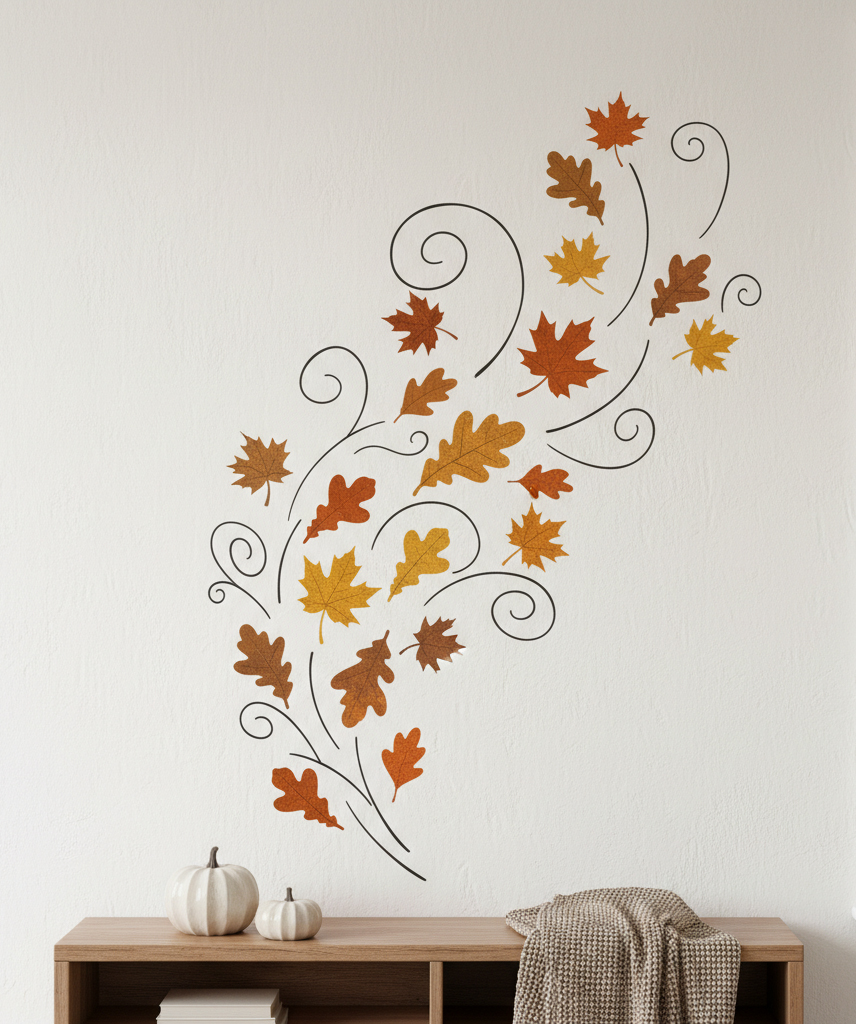 A wall decal showing an autumn theme with brown, copper, golden yellow, and rust-colored leaves of various shapes and sizes swirling upwards. The leaves are accompanied by thin, swirling black lines that simulate the wind. The decal is placed on a simple white wall above a wooden console table with a couple of white pumpkins and a knitted blanket.