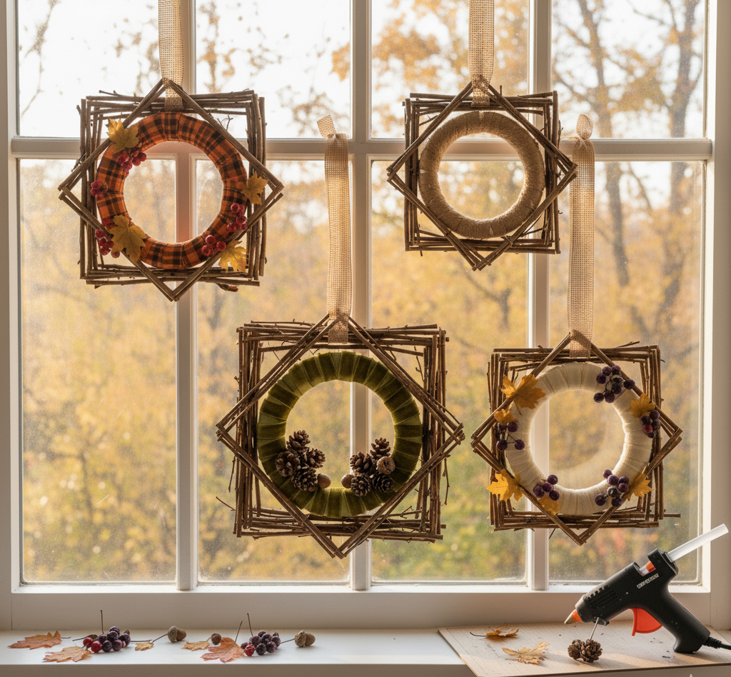 Four square-shaped wreaths made of twigs hanging in a window. The wreaths have different center decorations: one is wrapped in orange plaid fabric with faux berries and leaves, another is a plain rope-wrapped circle, a third is green with pine cones, and the fourth is a white yarn-wrapped circle with dark berries and leaves. A hot glue gun and crafting supplies are visible on the windowsill. The window looks out onto a soft-focus background of golden autumn trees.