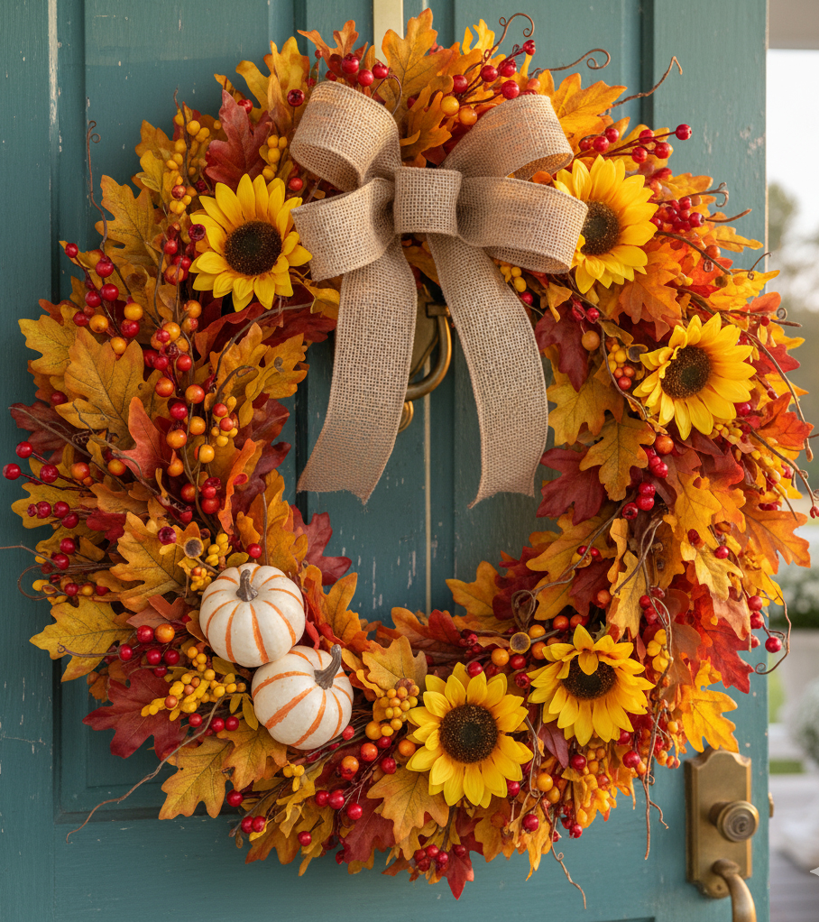 A detailed close-up shot of a homemade autumn wreath. It's decorated with a variety of red, orange, and golden leaves, small clusters of dark berries, and several bright yellow sunflowers. The wreath is tied with a red ribbon and hangs on a dark, weathered wooden door.