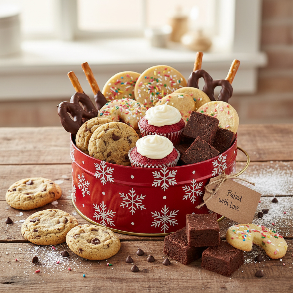 A festive, decorative tin overflowing with an assortment of fresh home-baked goods, including frosted sugar cookies, miniature cupcakes, chocolate-dipped pretzels, and fudge squares.