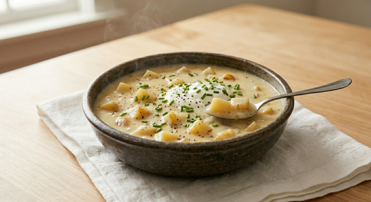 A close-up, slightly high-angle shot of a rustic ceramic bowl filled with creamy baked potato soup. The soup features visible chunks of potato and is garnished with a dollop of sour cream, a sprinkle of cracked black pepper, and fresh chopped chives. A silver spoon rests in the bowl, lifting a portion of the soup. The bowl sits on a white linen napkin atop a light wooden table.