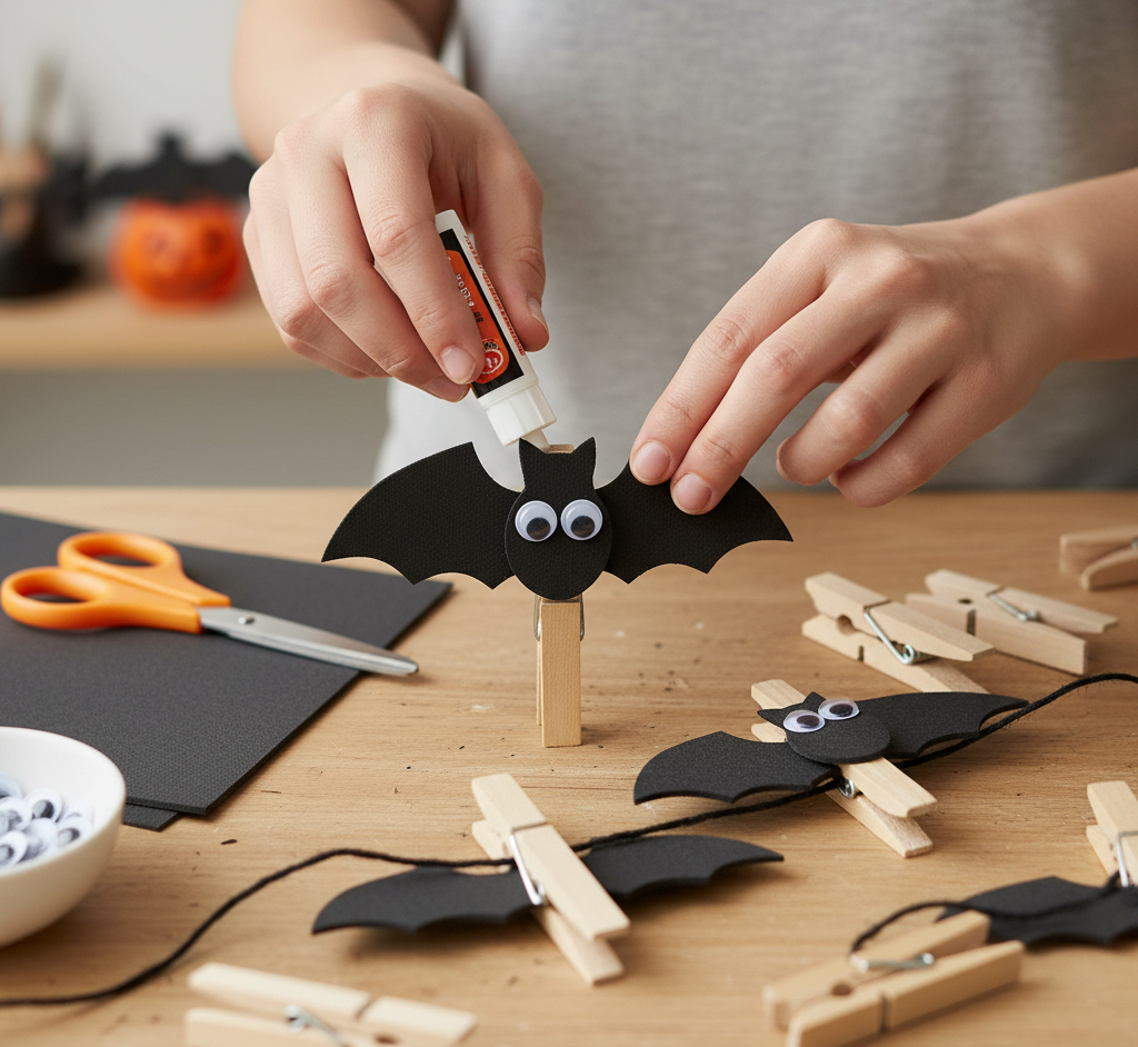 Close-up of several DIY Halloween bat clips, made from black paper cutouts with googly eyes glued onto wooden clothespins, clipped onto a string with other dark, festive decorations in a shallow focus shot.