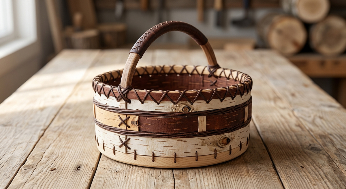 A high-resolution, realistic photograph of a round basket made from white birch bark sitting on a rustic wooden workbench. The basket features dark brown decorative stitching around the rim and a sturdy wooden handle wrapped in leather. The background shows a blurred woodworking shop in soft daylight.