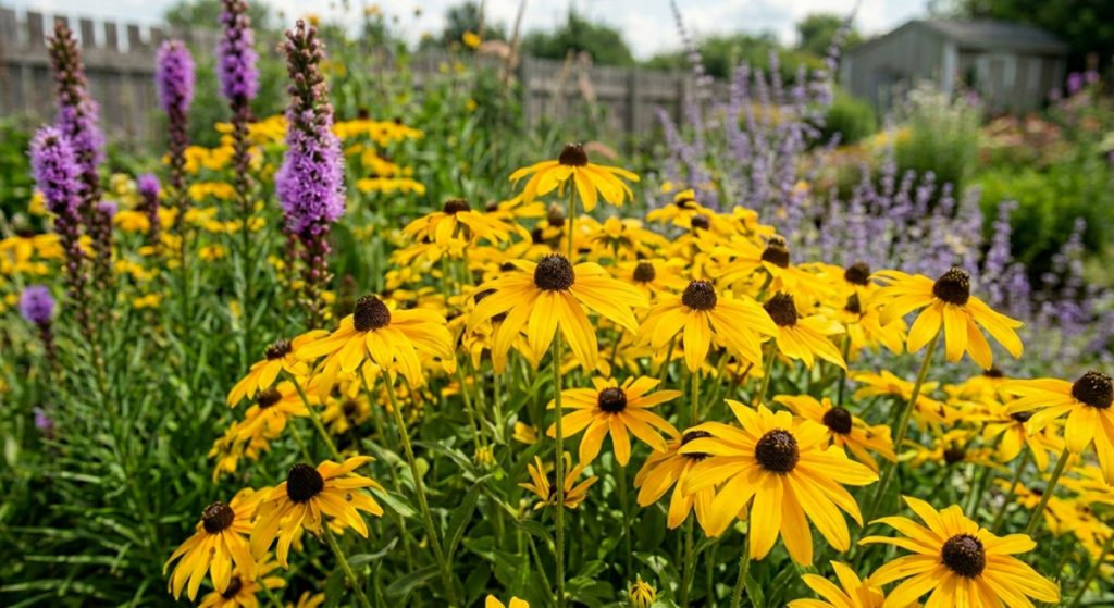A close-up photograph capturing a dense cluster of yellow Black-eyed Susans in full bloom within a natural garden. The foreground is filled with the bright yellow petals and dark brown centers of the flowers. To the left, tall spikes of purple Blazing Star rise, creating a striking color contrast. In the softly-blurred background, other garden plants, lavender, a rustic wooden fence, and a distant garden shed are visible under bright daylight. Small pebbles line the edge of the flower bed. The focus is sharp on the central Black-eyed Susans.