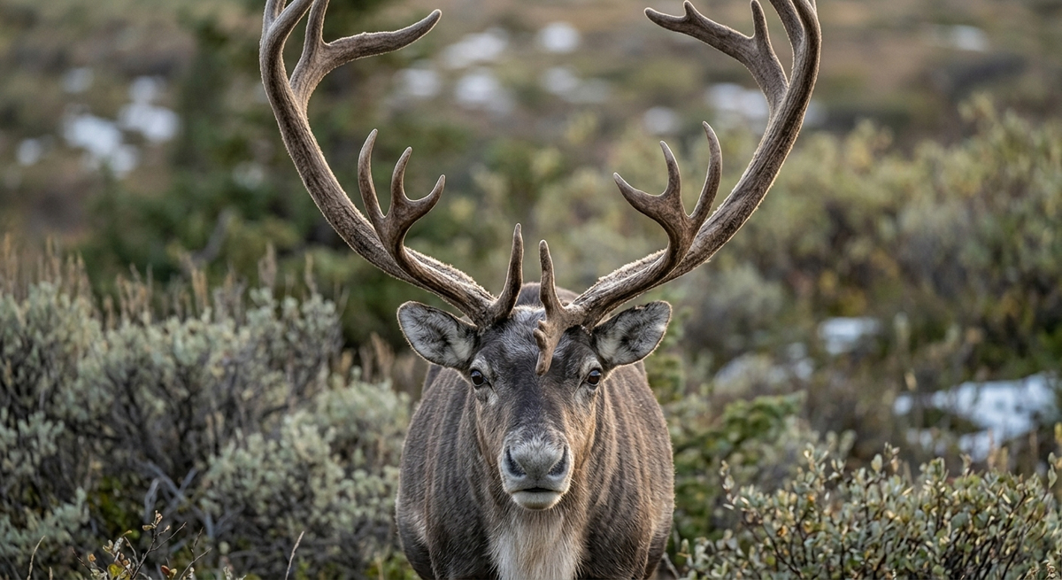 A head-on photograph of a male caribou (bull) with large, multi-tined antlers, looking directly forward against a soft-focus background of grey-green shrubs and patches of snow on the tundra.