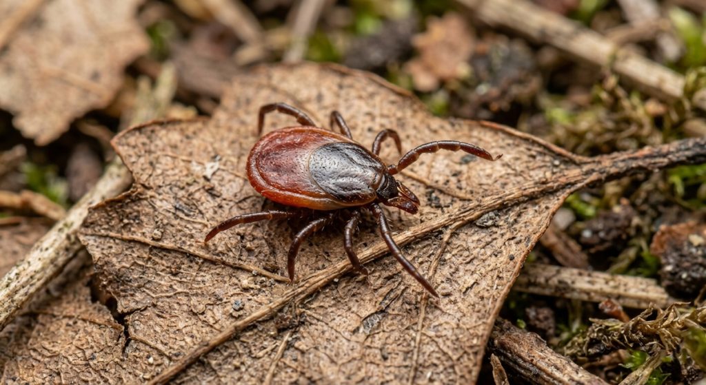 A detailed close-up photograph of an unengorged Castor Bean Tick (also known as a Sheep Tick) resting on a dry, brown leaf. The tick features a distinctive dark, teardrop-shaped body with a black scutum (shield) on its upper back and a reddish-brown abdomen. Its eight dark, spindly legs are spread out, and its specialized mouthparts are visible at the front. The background shows the natural forest floor with blurred soil, moss, and small twigs.