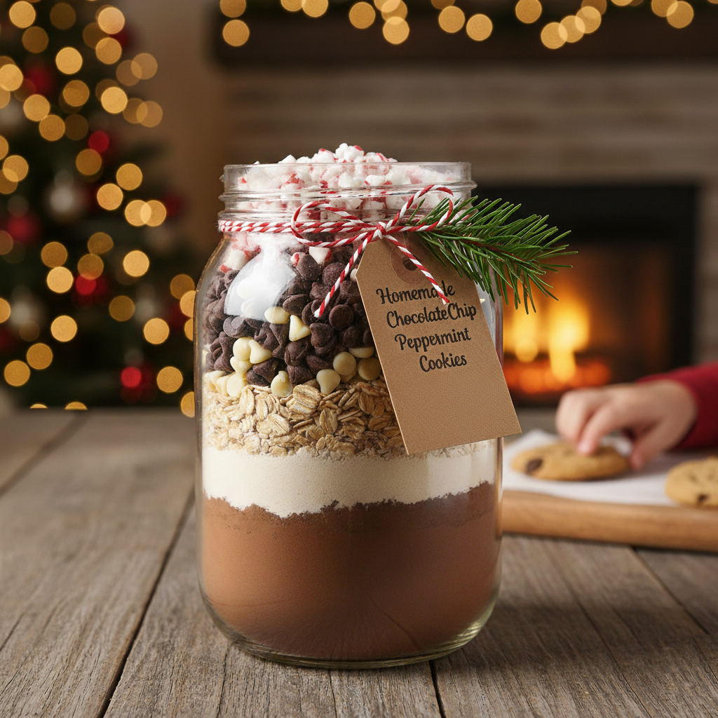 A glass jar filled in layers with dry cookie or cake mix ingredients (like flour, sugar, and chocolate chips), tied with a festive red ribbon and a handwritten gift tag.