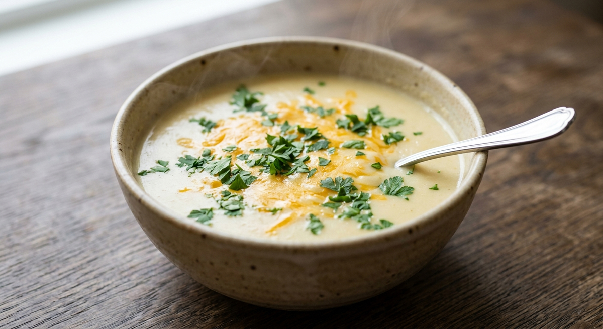 A high-angle, close-up shot of a single bowl of steaming creamy potato soup. The soup has a smooth, pale yellow consistency and is topped with a generous layer of melted shredded cheddar cheese and a sprinkle of fresh, vibrant green flat-leaf parsley. A silver spoon is tucked into the side of the speckled ceramic bowl, which sits on a dark, rustic wooden tabletop.