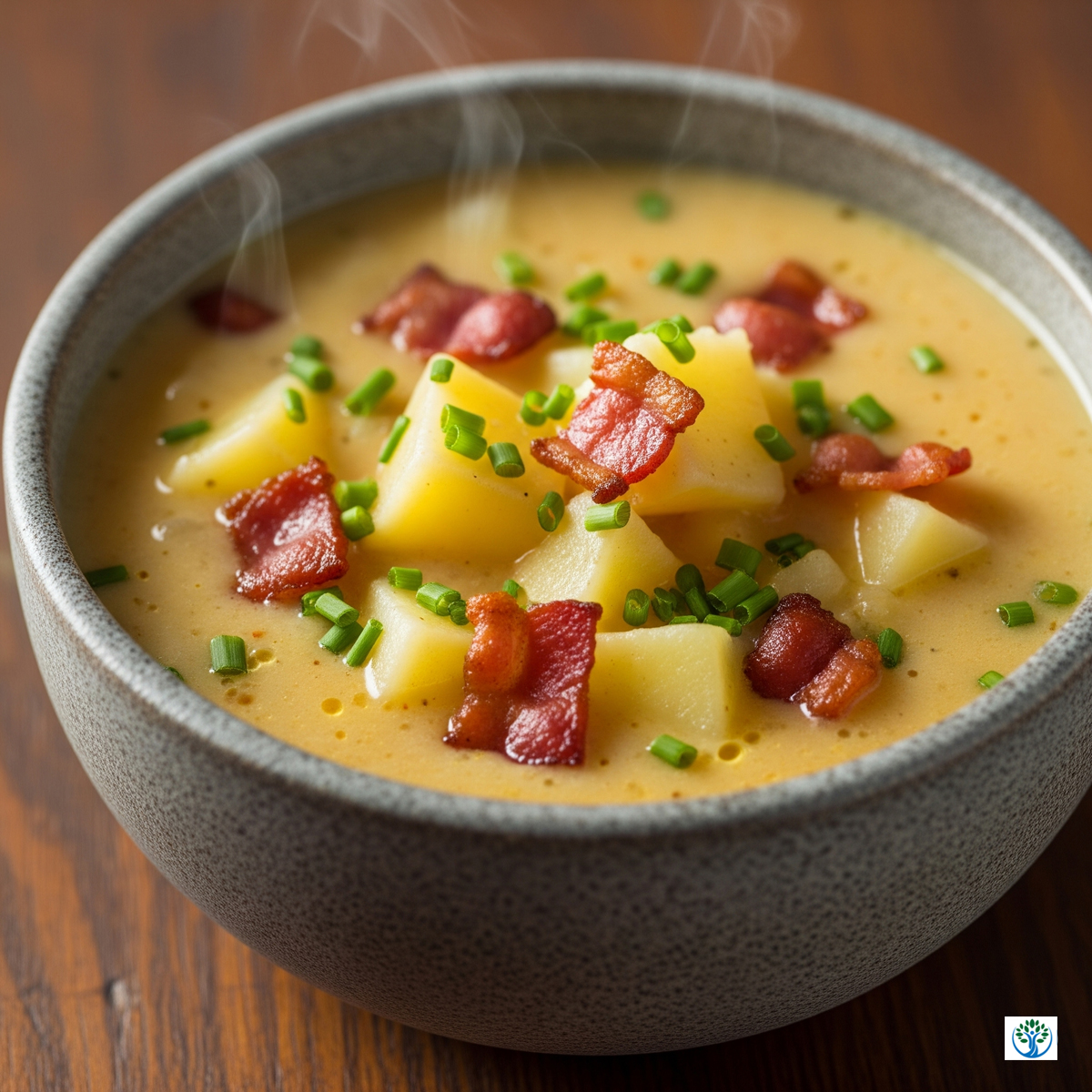 A close-up of a bowl of creamy potato soup topped with crumbled bacon and fresh green chives.