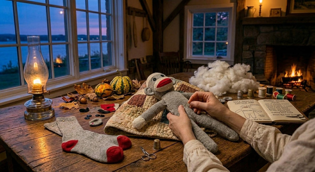 A first-person perspective of an artisan's hands hand-stitching an authentic red-heel sock monkey on a rustic wooden harvest table. The scene is set in a cozy heritage home at dusk with an oil lamp glowing by a window and a fire in the hearth. The table is filled with crafting materials: a pair of Rockford-style socks, batting, vintage buttons, a thimble, and an open ledger titled "Monkey Notes" featuring a hand-drawn cutting diagram.