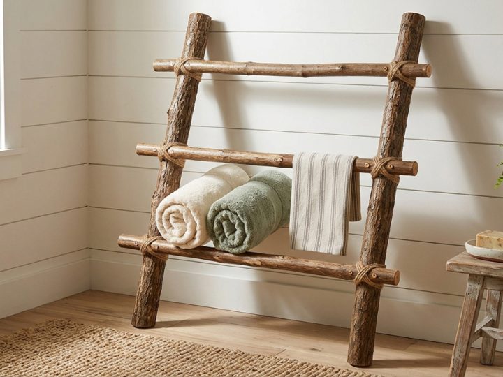 DIY Branch Ladder Towel Rack