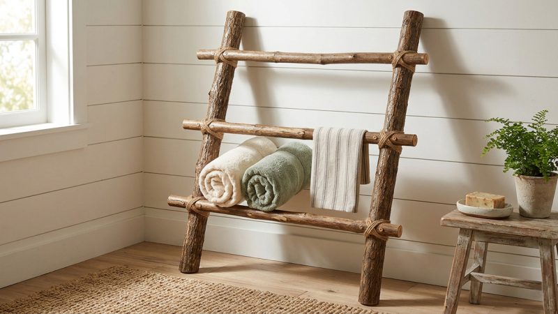 DIY Branch Ladder Towel Rack