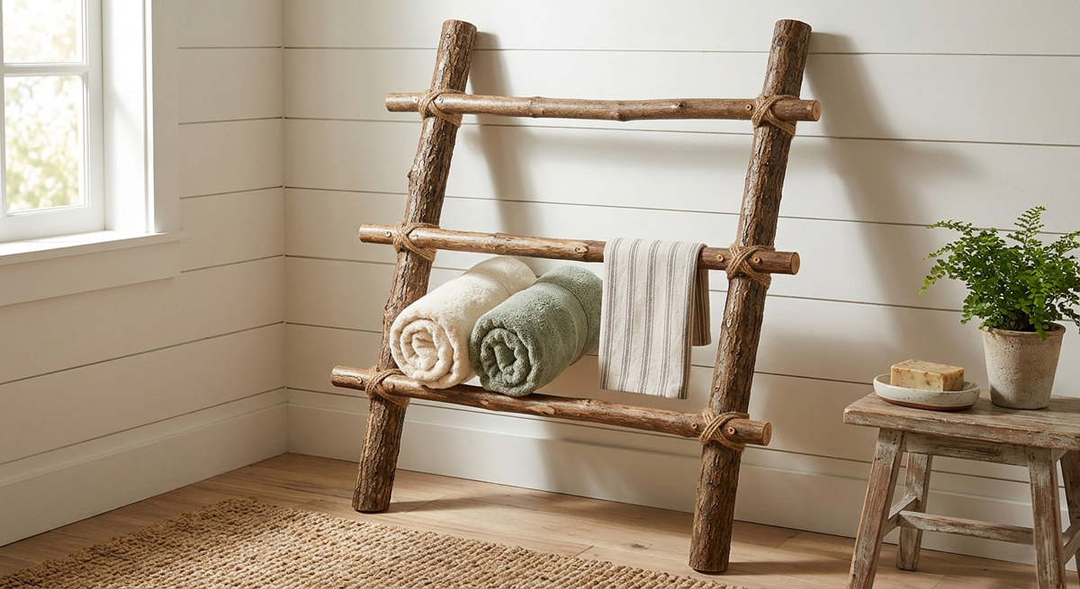 DIY Branch Ladder Towel Rack