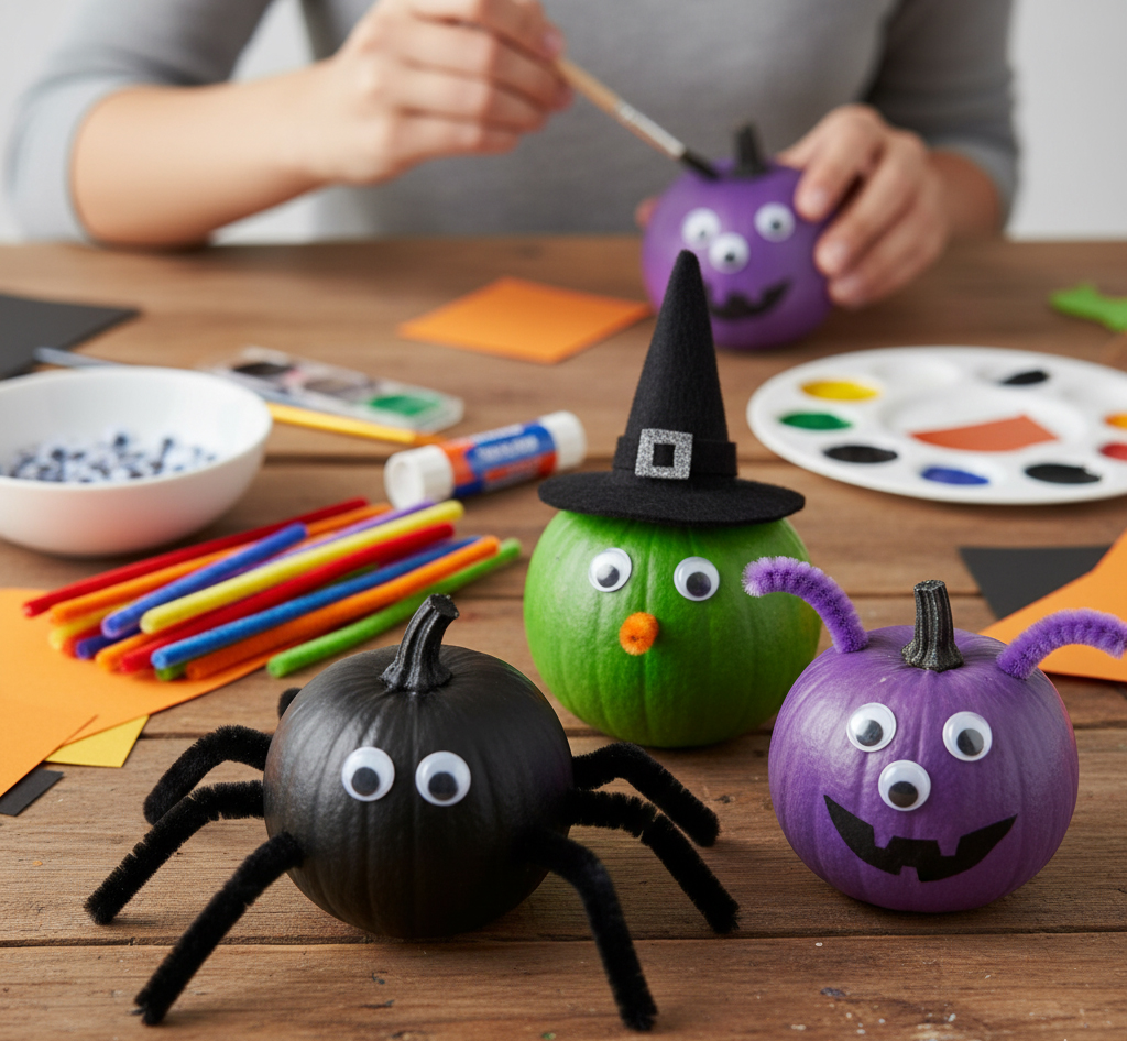 A person's hands are visible in the background, painting a purple mini pumpkin with googly eyes. In the foreground, there are three finished decorated mini pumpkins: a black spider with pipe cleaner legs, a green pumpkin wearing a witch's hat, and a purple monster with three googly eyes and pipe cleaner antennae. Craft supplies like pipe cleaners, googly eyes, and paint are scattered on the wooden table.