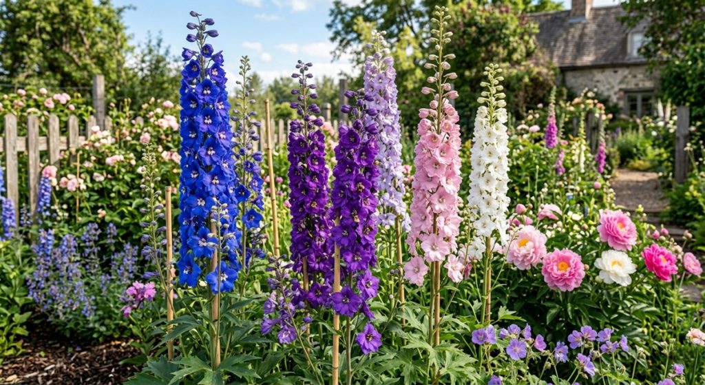 Tall, vibrant delphinium flower spikes in shades of deep blue, purple, lavender, pink, and white blooming in a lush cottage garden.