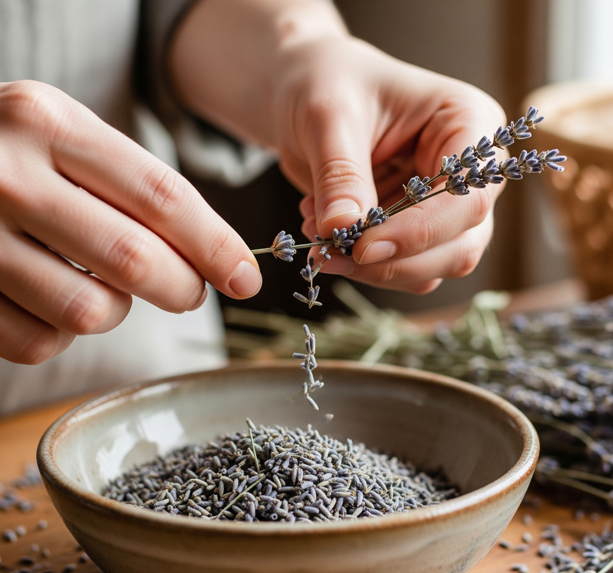 A close-up of a person's hands gently stripping dried lavender flowers from a stalk, letting them fall into a rustic ceramic bowl filled with more dried flowers.