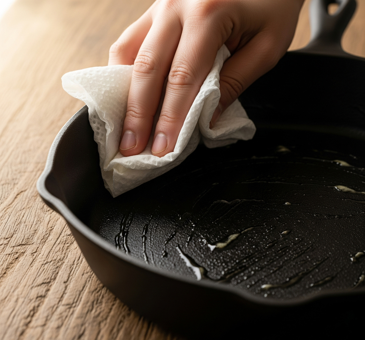 A rustic, close-up photograph of a hand using a paper towel to wipe the excess shortening off a dark cast iron skillet. The skillet is on a wooden countertop, and the light is warm and natural.