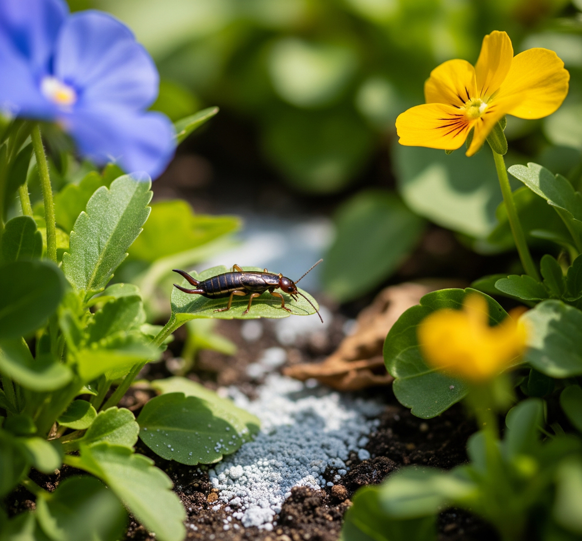 A single earwig rests on a green leaf in a garden, with white diatomaceous earth sprinkled on the soil nearby. Yellow and blue flowers are blurred in the background.