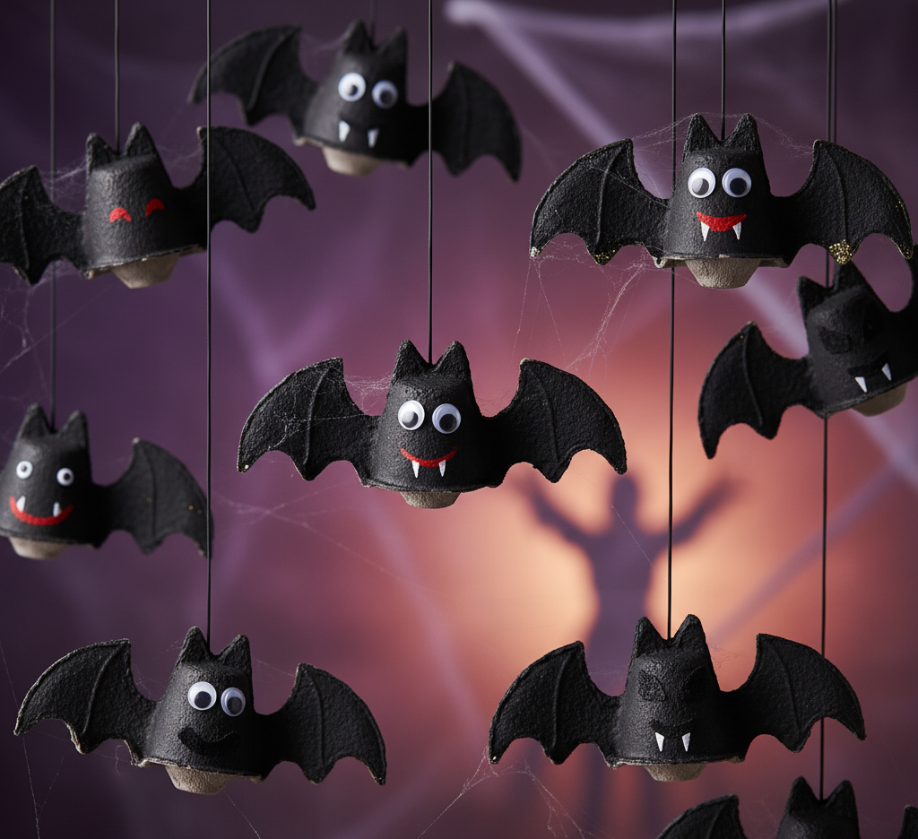 A group of handmade black bats, created from repurposed egg carton cups, hanging by strings. The bats have large googly eyes and are arranged in an eerie, aerial swarm against a dark background with hints of cobwebs.