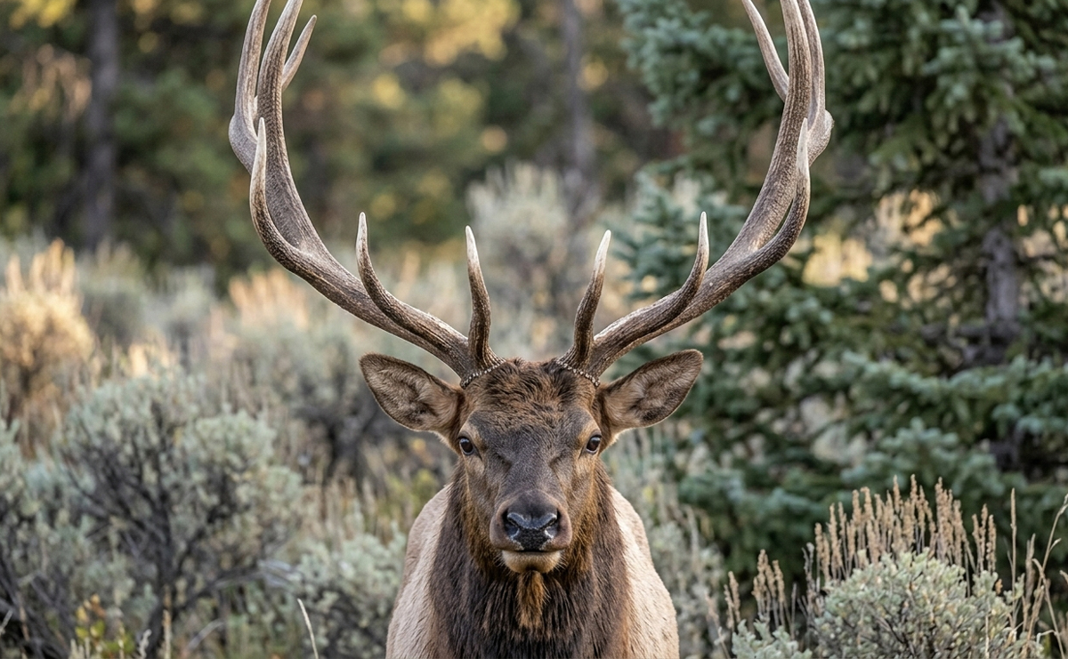 A head-on wildlife photograph of a massive male Elk (bull) with tall, sweeping antlers, looking directly forward against a soft-focus background of sagebrush and evergreen trees.