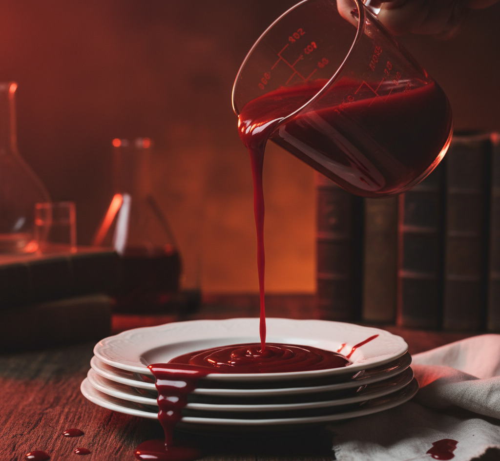 A thick stream of viscous, deep red liquid, resembling blood, being poured from a measuring cup onto a stack of white plates. The scene is dimly lit with a reddish glow, evoking a macabre or horror atmosphere, with old books and laboratory beakers in the blurred background.