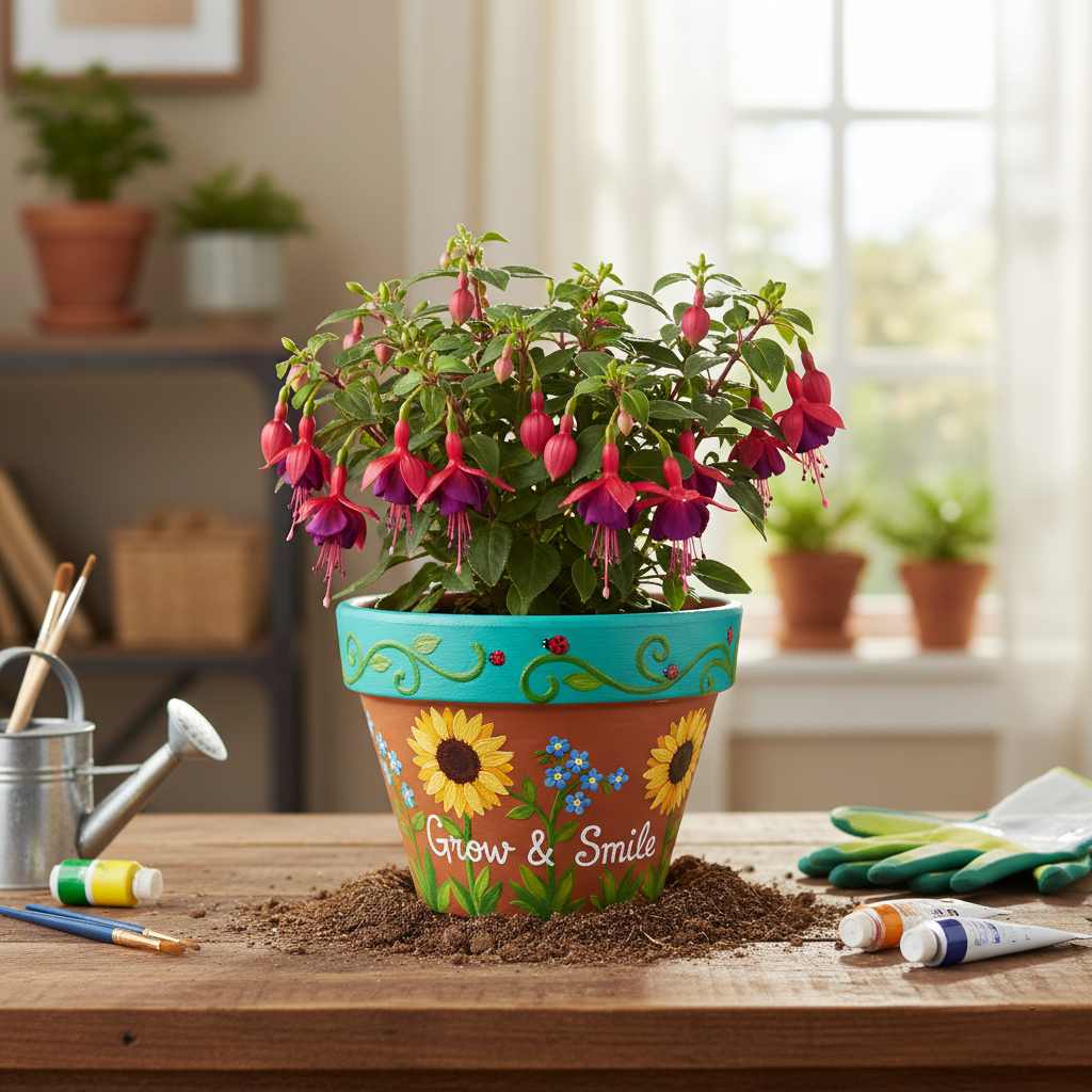 A brightly colored, hand-decorated terracotta flower pot sitting on a wooden surface, filled with a healthy, vibrant green plant with small flowers. The pot is painted with cheerful, simple designs.