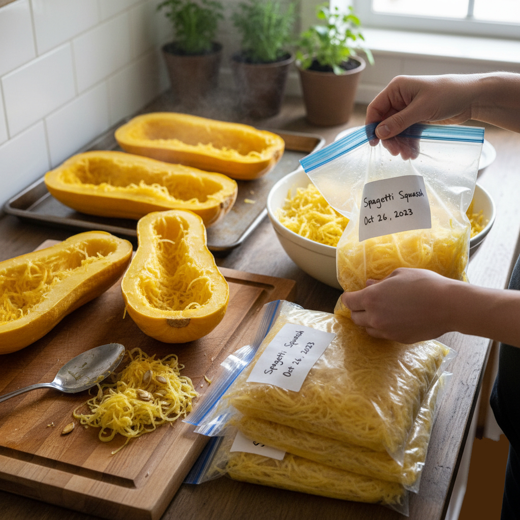 A close-up view of a person's hands placing cooked spaghetti squash strands into a labeled plastic freezer bag. Several other labeled bags full of squash are stacked on a wooden counter next to a cutting board holding more cooked squash halves and a bowl of shredded squash. 