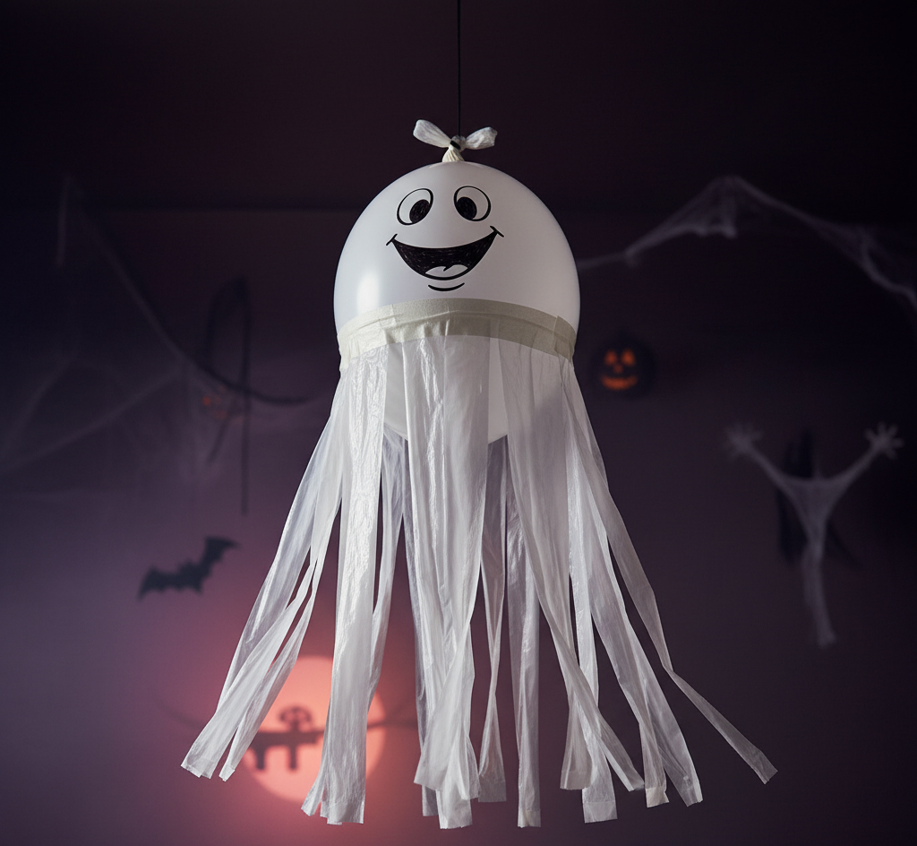 A homemade ghost decoration made from a white balloon with a drawn-on smiling face, and strips of white plastic grocery bags taped around its base to form a flowing body. It hangs suspended against a dark, spooky background with cobwebs and subtle Halloween decor.