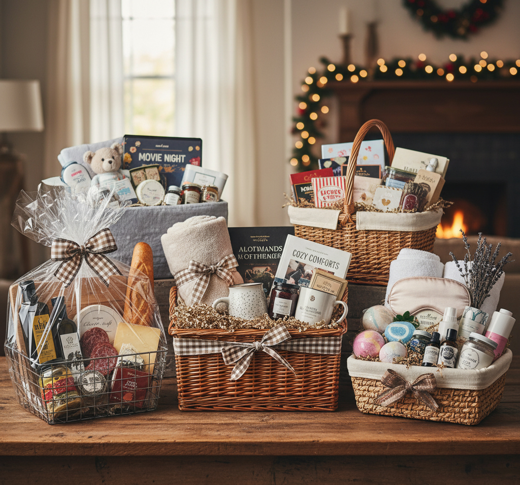 A collection of beautifully arranged Christmas gift baskets displayed on a wooden table. One basket holds gourmet coffee, a mug, and treats; another contains self-care items like lotions and candles; and a third is filled with festive baked goods and hot cocoa mix. They are tied with elegant ribbons and surrounded by pine cones and holiday greenery.
