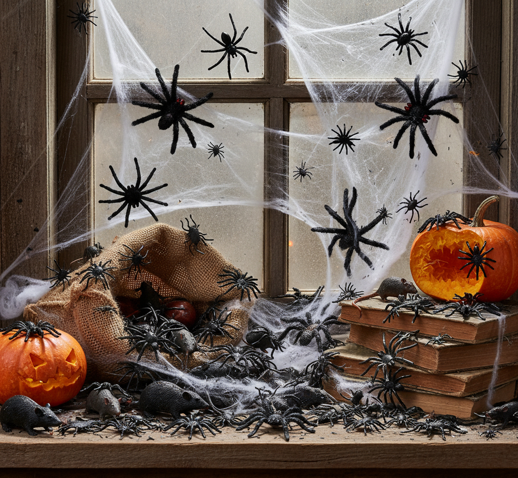 A Halloween display with a profusion of fake black spiders and grey plastic rats overflowing from a burlap sack and scattered across a wooden windowsill. White synthetic cobwebs are draped over the windowpanes and surrounding area, with two carved jack-o'-lanterns and old books also part of the eerie scene.