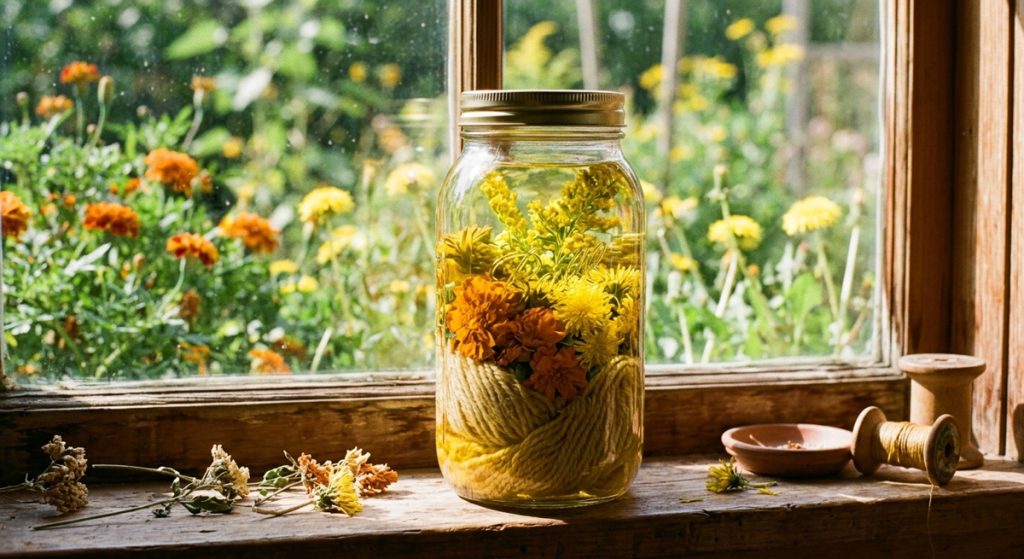 A close-up photograph of a clear glass mason jar filled with marigold, goldenrod, and dandelion flowers, tightly packed around a skein of mordanted wool yarn. The jar is sitting on a weathered wooden windowsill, bathed in warm, direct sunlight, which is beginning to extract a golden-yellow dye from the botanical materials and transfer it to the fiber inside. The blurred background shows a lush summer garden.