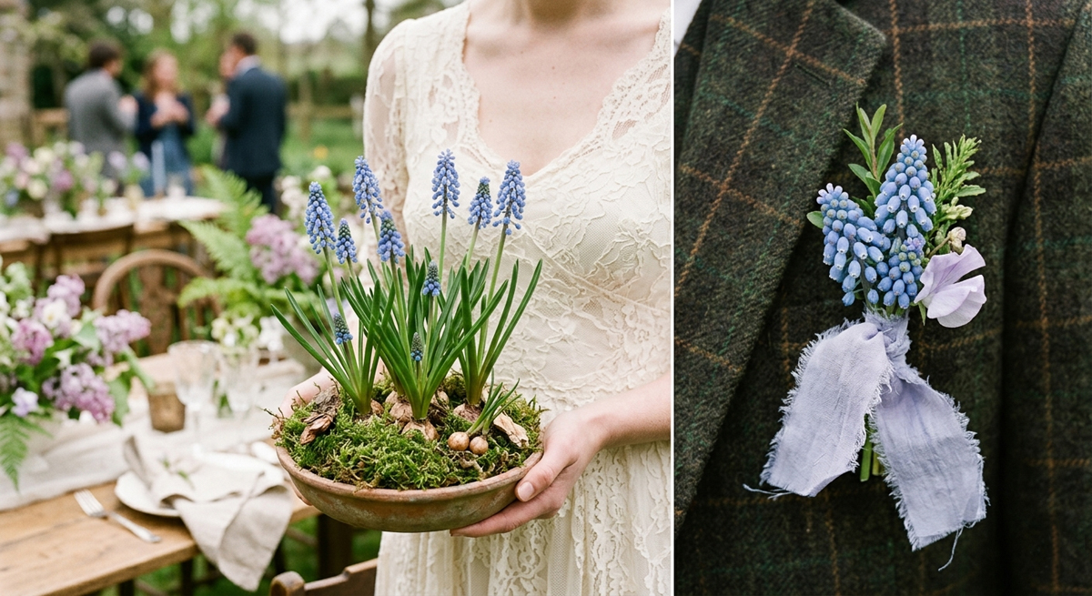A side-by-side view showing a living Muscari centerpiece in a clay bowl and a grape hyacinth boutonniere pinned to a tweed jacket.