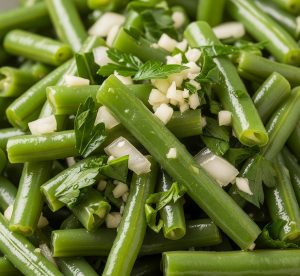 Fresh green bean salad with chopped garlic, onions, and parsley