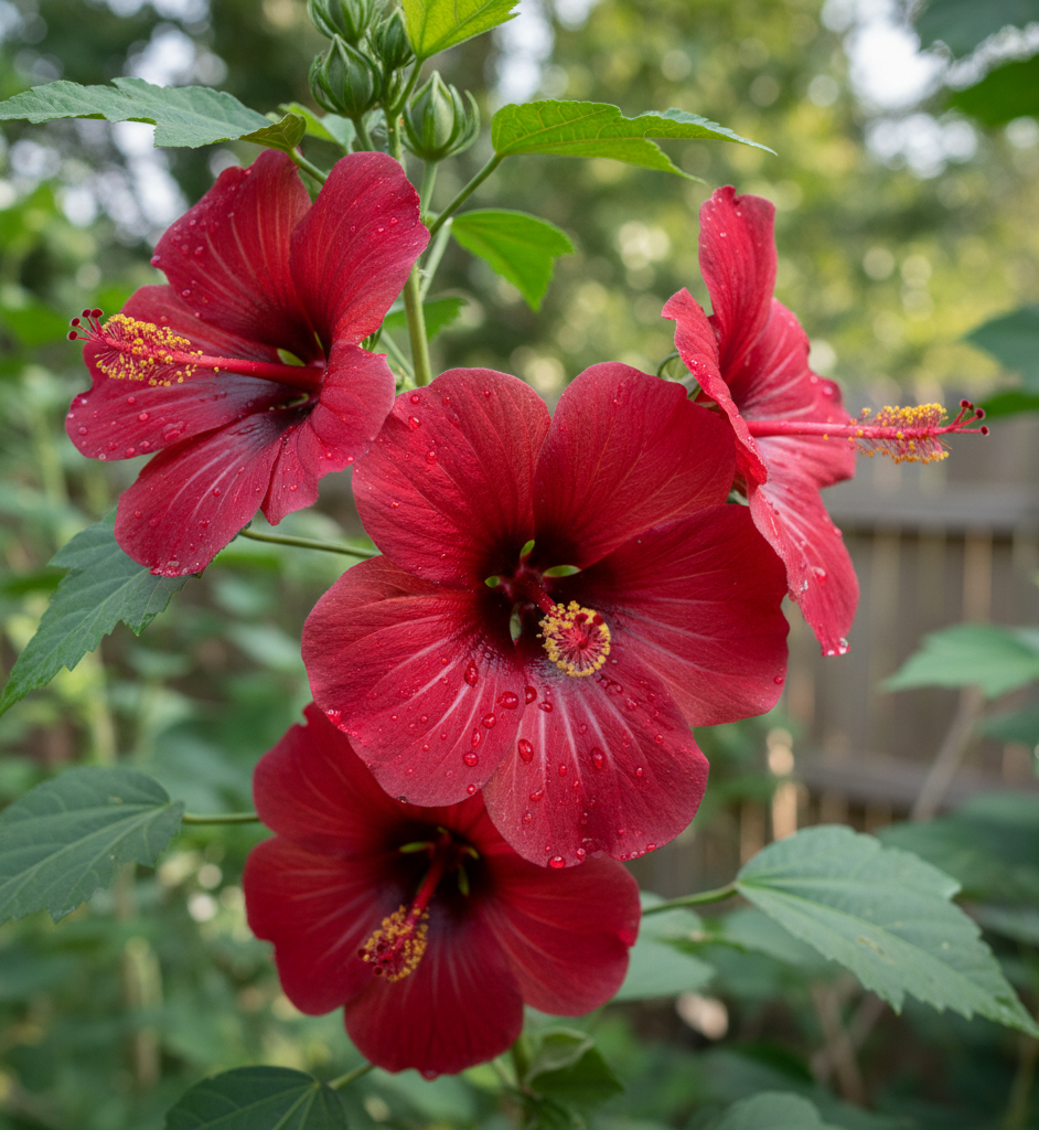 A vibrant close-up shot of bright red hibiscus flowers with a dark center, set against a soft, blurred green background of leaves. The petals are open, revealing the delicate stamen and pistil. The image is bathed in natural light, highlighting the flower's intricate textures.