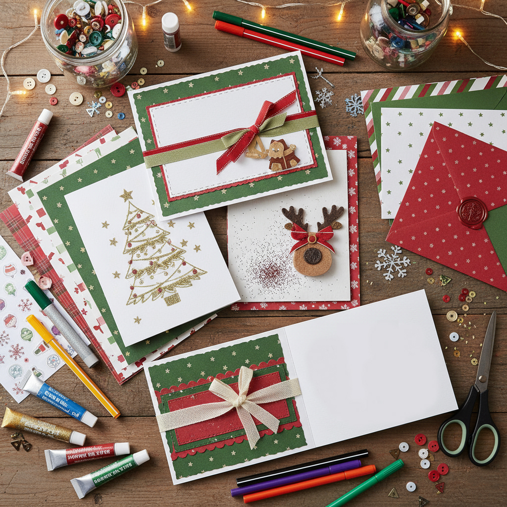 A collection of festive, handmade Christmas cards decorated with glitter, ribbon, stamps, and various craft elements, arranged on a rustic wooden table next to colored pens and a spool of twine.