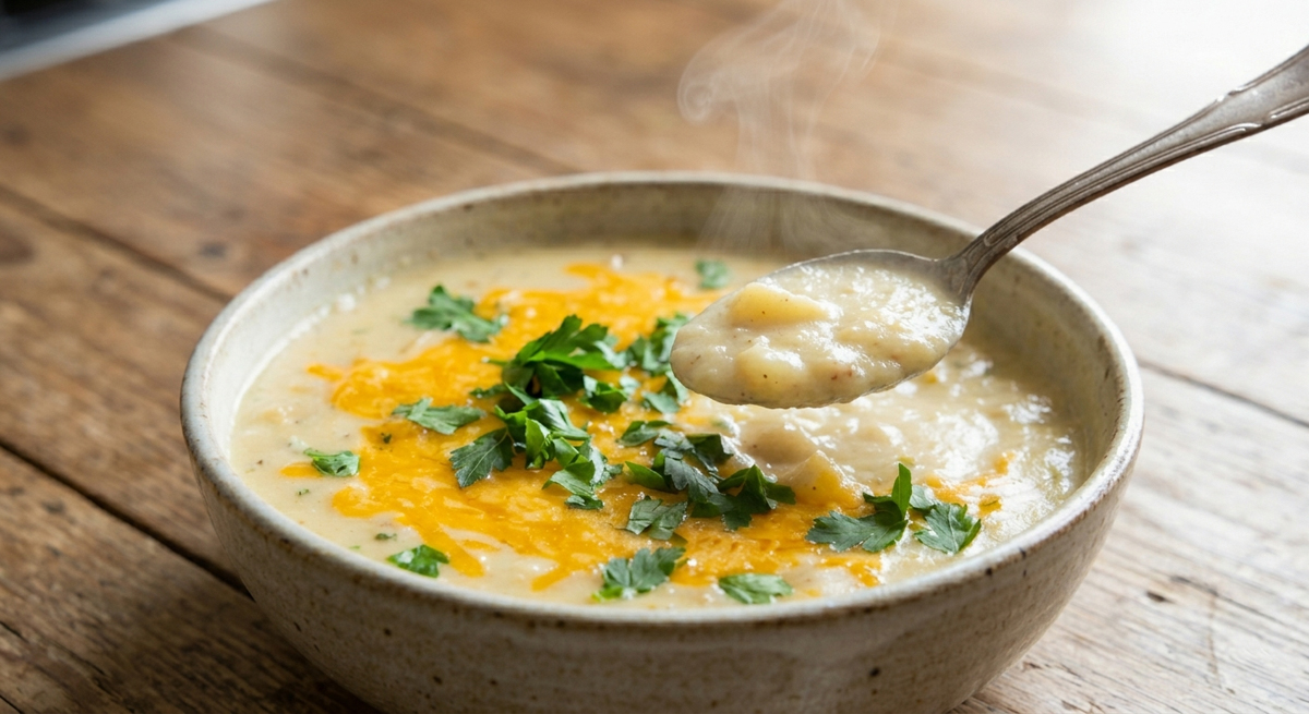 A close-up shot of a rustic, light-colored ceramic bowl filled with smooth, creamy potato soup. The soup is topped with melted shredded cheddar cheese and fresh green flat-leaf parsley. Steam rises gently from the bowl, and a silver spoon is shown lifting a thick, velvety scoop of the soup. The bowl is set on a natural wooden table.