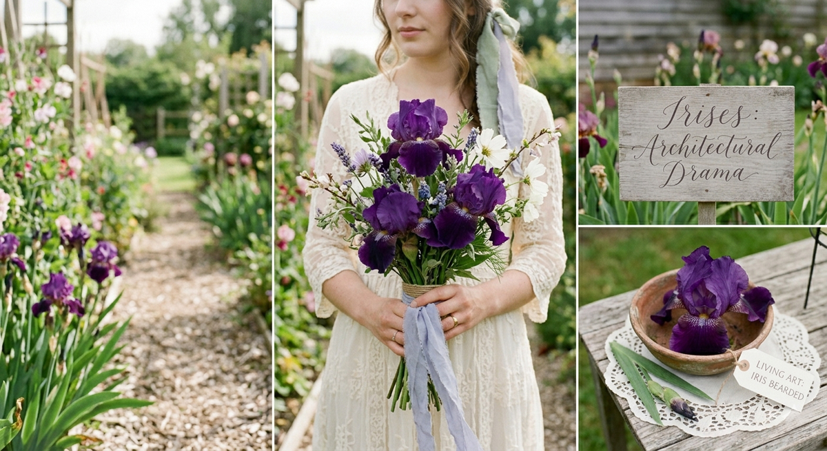 A triptych showing a bride with a deep purple iris bouquet, a rustic garden sign, and a close-up of an iris bloom in a terracotta bowl.