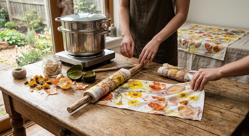 A candid, naturally lit photograph capturing the essential steps of bundle dyeing with kitchen scraps. On a rustic wooden workbench, an artisan's hands gently reveal vibrant yellow botanical prints as they unfurl a damp cotton napkin from a wooden stick. Scattered across the worn wood are dried marigolds, yellow onion skins, avocado halves, and a small twine roll. In the background, a large stainless steel steamer pot simmers on an electric burner near a bright window overlooking a garden, and a finished, dried eco-print napkin is laid out flat.