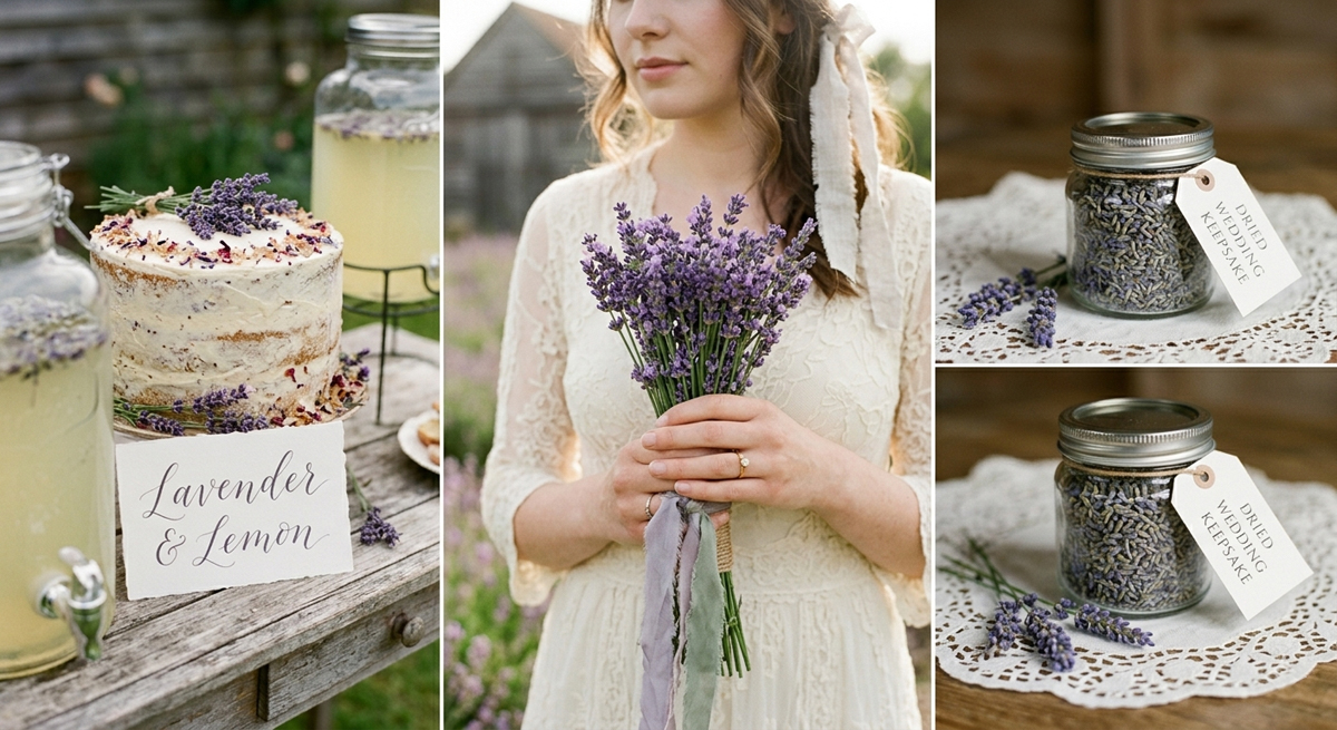 A triptych image illustrating the uses of lavender: a bride holding a fresh bouquet, a lavender-lemonade stand with a cake, and a jar of dried lavender as a keepsake.